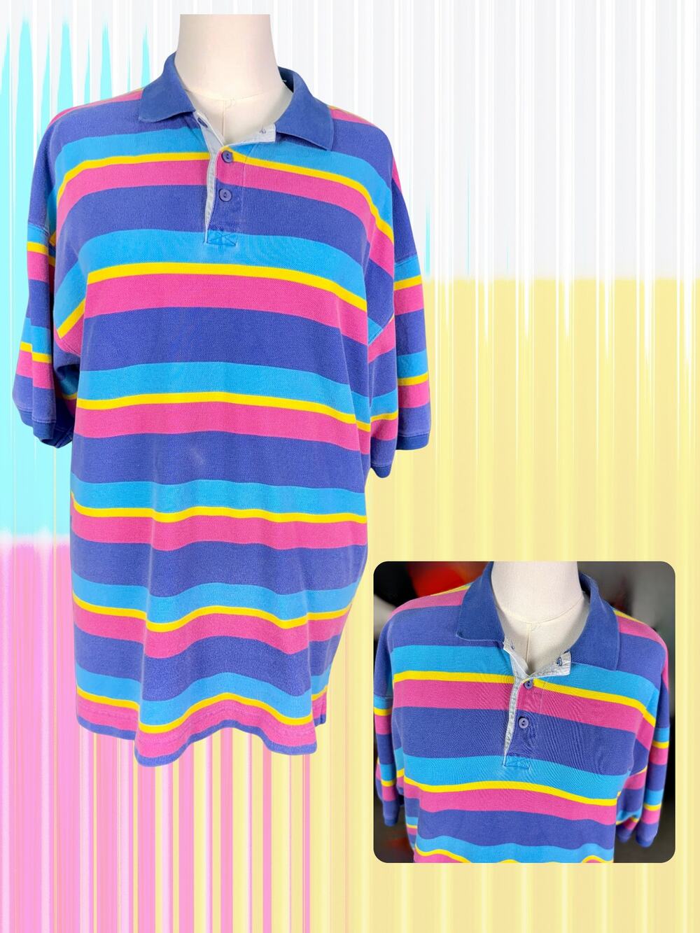 Vintage 90s Gap Preppy Blue, Aqua, Yellow, and Pink Striped Polo Shirt Large